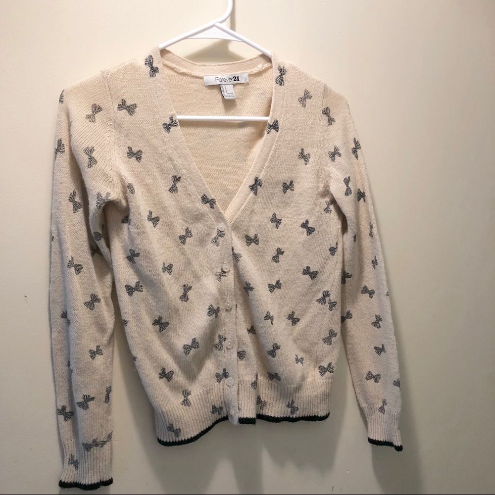 Forever 21 Small cream and navy bow cardigan